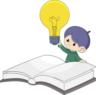 Bu vektör illüstrasyonunda, açık bir kitapla etkileşime girerken parlayan bir ampulü tutan genç bir çocuk var. Okumaktan esinlenen bilgi ve yaratıcı düşüncenin kıvılcımını sembolize ediyor.