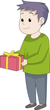 Mutlu bir adamın elinde kurdeleyle paketlenmiş bir hediye kutusu tutarken çekilmiş bir karikatür çizimi, bir sürprizi ya da özel bir olayı simgeliyor..