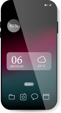 Bu vektör çizimi dairesel pil göstergesinin yanında bir tarih ve hava durumu parçacığına sahip modern bir akıllı telefon arayüzünü vurgular.