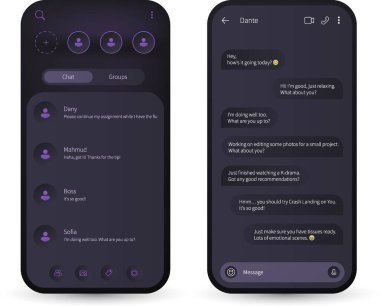 Kullanıcı dostu navigasyon ile koyu mor bir tema içeren temiz ve minimal bir sohbet arayüzü tasarımı.