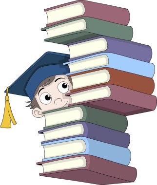 Mavi şapkalı bir lisansüstü öğrencisinin çizgi film çizimi, ilginç bir şekilde renkli kitapların arkasından gözetliyor.