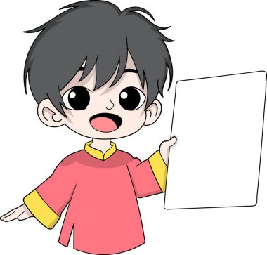 A cheerful cartoon Chinese boy wearing a traditional red outfit and holding a blank board, perfect for adding custom text or messages clipart