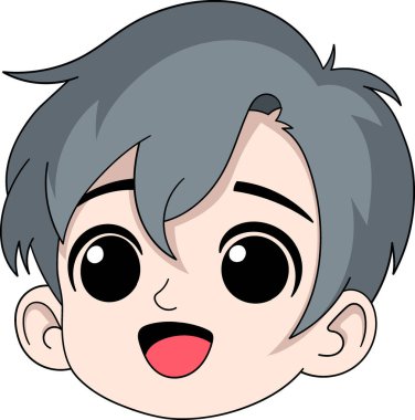 Neşeli bir çizgi film çocuğu yüzü. Gri saçlar, büyük anlamlı gözler ve geniş bir gülümseme.