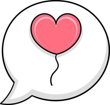 Beyaz bir konuşma balonunun içinde pembe kalp şeklinde bir balon barındıran basit ve eğlenceli bir tasarım, aşkı ve iletişimi simgeliyor.
