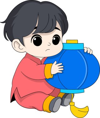 A charming illustration of a young boy in a traditional red outfit, sitting and holding a vibrant blue lantern, symbolizing the joy of Chinese New Year festivities clipart