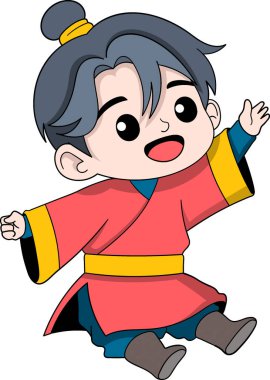 Geleneksel kırmızı ve sarı elbiseli genç bir çocuğun neşeli bir çizgi film çizimi. Kollarıyla Çin Yeni Yılı 'nı kutlamak için sevinçle oturuyor.