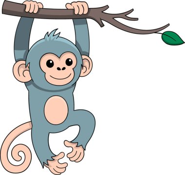 A cheerful illustration of a cute monkey hanging from a tree branch with a green leaf, showcasing a playful and energetic vibe clipart