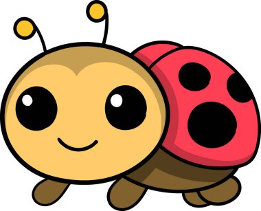 Bu resim, siyah noktalarla süslenmiş parlak kırmızı kabuklu neşeli bir uğur böceğini ve sevimli bir gülen yüzü gösteriyor.