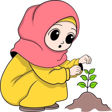 Bu resimde pembe tesettürlü Müslüman kız ve sarı elbiseli şirin bir çizgi film stili var. Toprağa küçük bir fidan dikiyor.