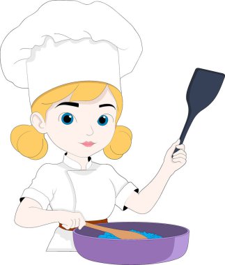 Sarı saçlı, beyaz aşçı şapkası ve üniforması olan, mor bir tavada spatulayla yemek karıştıran genç bir kadın şefin büyüleyici dijital çizimi.