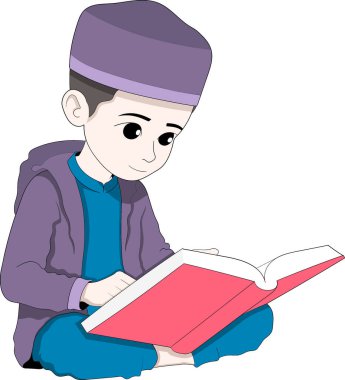Geleneksel bir şapka takmış, mütevazi giyinmiş, bağdaş kurmuş, kutsal bir kitap okuyan genç bir Müslüman çocuğun büyüleyici dijital bir çizimi.