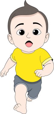 Sarı tişörtlü, gri şortlu, sevimli bir bebek yalın ayak koşuyor ve yüzünde şaşırmış bir ifade var. 