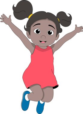 At kuyruklu neşeli bir çizgi film kızı kolları havada, parlak kırmızı bir elbise ve mavi ayakkabılar giyerek neşeyle zıplıyor.