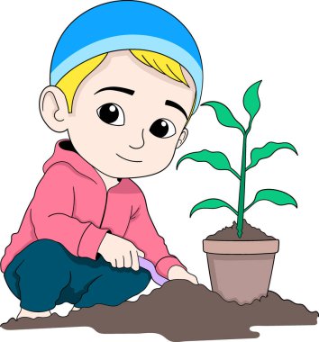 Mavi şapkalı ve pembe kapüşonlu şirin bir Müslüman çocuk, elinde malayla toprağa küçük bir ağaç dikiyor.. 
