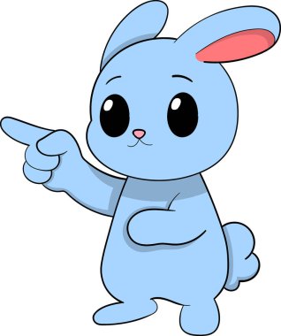 Büyük siyah gözleri ve küçük pembe burnu olan sevimli mavi bir tavşancık tek pençesiyle dostça ve davetkar bir tavırla işaret ediyor.