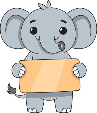 Elinde boş dikdörtgen bir işaret tutan sevimli bir bebek fil maskotu tasviri. Özel mesaj ya da mesaj eklemek için mükemmel.