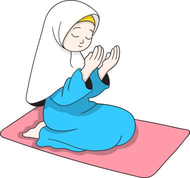 Müslüman bir kadının başörtüsü ve gösterişsiz mavi bir elbise giydiği, dua minderinde oturduğu, ellerini kaldırarak dua ettiği bir resim.