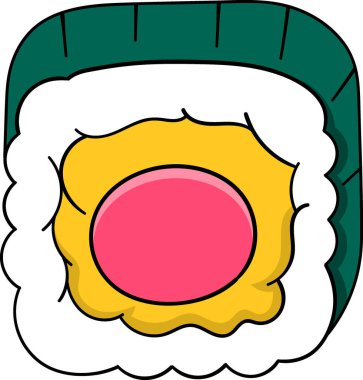 Renkli ve iştah açıcı bir suşi rulosu. Beyaz pirinç, koyu yeşil Norveç yosunları ve altın yumurta katmanına sarılı canlı bir et.