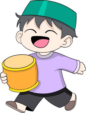 Yeşil şapkalı ve mor gömlekli neşeli bir Müslüman çocuk elinde bir davul tutuyor. Bayramın neşesini ve şenliğini simgeliyor.