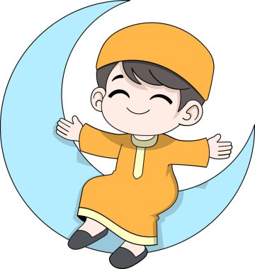 Geleneksel turuncu bir kıyafet ve şapka giyen neşeli bir müslüman çocuğun kolları açık ve mutlu bir ifadeyle parlayan mavi hilal ay üzerinde otururken çizdiği karikatür tarzı bir çizim.