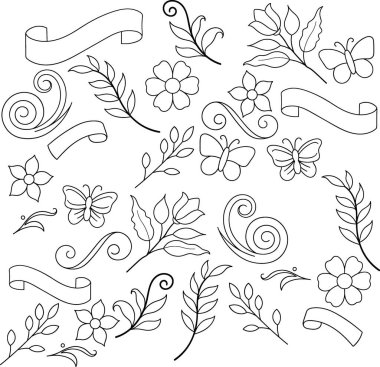 Bu dijital illüstrasyonda çiçekler, yapraklar, dönen süsler, kelebekler ve kurdele afişleri de dahil olmak üzere, siyah bir zemin üzerine beyaz bir ana hatla çizilmiş zarif bir dekoratif unsurlar koleksiyonu yer alıyor.