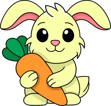 Bu büyüleyici dijital illüstrasyonda büyük siyah gözleri, pembe kulakları ve kocaman turuncu bir havucu tutarken mutlu bir ifadesi olan sevimli sarı bir tavşan var.