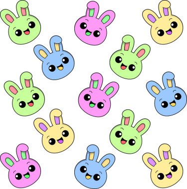 Pastel renklerde sevimli tavşan yüzlerinin kusursuz deseni, neşeli ifadeler ve eğlenceli bir düzenleme içeriyor..