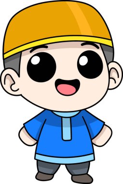 Geleneksel İslami kıyafetli, parlak sarı şapkalı ve mavi cüppeli genç bir müslüman çocuğun hoş bir çizimi.