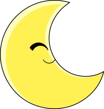 Hoş gülümseyen bir yüzü olan parlak sarı hilal ay, gece atmosferine karşı sıcaklık ve sakinlik yayıyor.