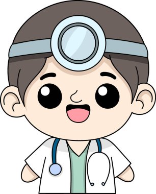 Bu resim, neşeli bir karikatür doktorunu sunar. Kafasında ayna, beyaz önlük ve steteskop vardır. Dostane ve cana yakın bir şekilde resmedilir.