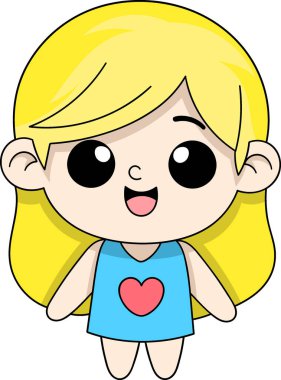 Bu görüntüde iri siyah gözlü, sevimli bir sarışın kız, neşeli bir yüz ifadesi ve basit ve eğlenceli bir çizgi film tarzıyla resmedilmiş kalp sembolü olan mavi bir elbise var.