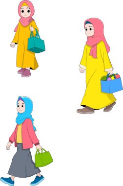 Bu illüstrasyon setinde, alışveriş torbaları ve market sepetleri taşırken üç adet başörtüsü ve sade kıyafet giyen Müslüman kadın yer alıyor.