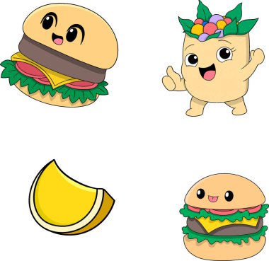 Bu resimde gülümseyen hamburgerler, sebzelerle dolu neşeli bir kebap dürümü ve eğlenceli ve renkli bir şekilde dilimlenmiş parlak bir limon dilimi içeren eğlenceli çizgi film karakterleri yer alıyor.