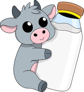Sevimli çizgi film stili bebek inek büyük bir şişe sütü kucaklıyor. Kawaii karakteri büyük yuvarlak gözlere sahiptir.