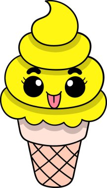 Parlak ve neşeli çizgi film dondurma külahında sarı bir dondurma, büyük gözlü mutlu bir yüz ve dışarı fırlamış bir dil ve klasik bir waffle külahı.