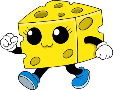 Büyük gülümseyen gözleri, yürüyüş pozu, beyaz eldivenleri ve mavi ayakkabıları olan, İsviçre peyniri şeklinde neşeli ve neşeli bir çizgi film karakteri.