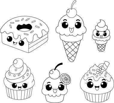 Siyah ve beyaz vektör boyama sayfası şablonu sevimli çizgi film tatlıları içerir