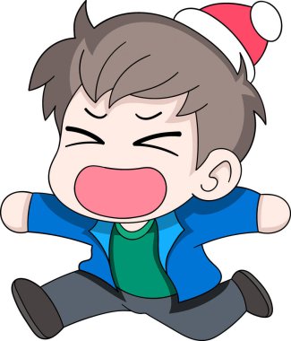 Kırmızı bir Noel Baba şapkası ve kışlık giysiler giymiş, kolları açık ve ağzı açık atlayan enerjik bir çocuğun tatlı çizgi film çizimi.