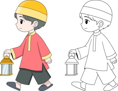 Geleneksel bir fenerle yürüyen Müslüman bir çocuğun hem siyah hem de beyaz versiyonlarıyla gösterilen şirin bir tasviri..