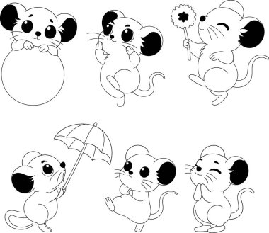 Farklı pozlarda ve etkinliklerde çocuk kitapları boyamak için siyah ve beyaz ana hatlar olarak dizayn edilmiş şirin çizgi roman karakterleri.