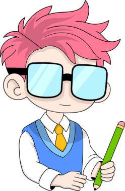 Pembe saçlı, büyük gözlüklü, okul üniformalı ve elinde büyük yeşil kalemle şık bir çizgi film karakteri..
