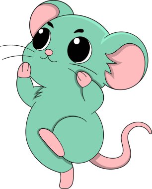 Neşeli bir çizgi film karakteri, neşeli bir ifadeyle dans ediyor. Şirin yeşil fare vektör çizimi