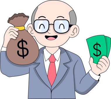 Takım elbiseli ve gözlüklü kel bir işadamının, para çantası ve nakit parayı tutarken mutlu bir şekilde gülümsemesi karikatür tarzı..