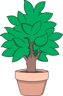 Kalın yeşil yaprakları olan yaratıcı çizgi film tarzı saksı ağacı ve iki insan yüzü profili oluşturan ince bir gövde..