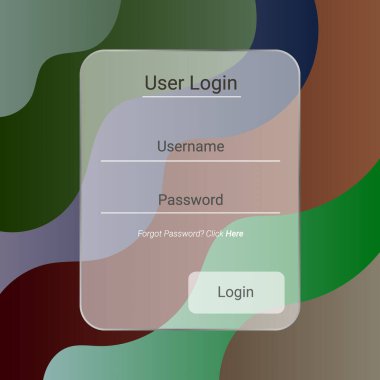 Birden fazla renkte soyut kıvrımlı şekillere sahip şeffaf cam stili elementlere sahip canlı bir giriş arayüzü.