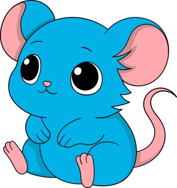 Tatlı ve mutlu bir ifadeyle oturan mavi bir farenin sevimli çizgi film çizimi. Farenin büyük yuvarlak gözleri var.