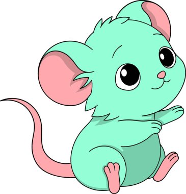 Büyük yuvarlak gözlü, pembe iç kulaklı ve kıvırcık pembe kuyruklu yeşil renkli bir farenin sevimli çizgi film çizimi.