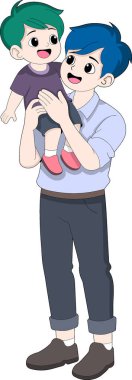 Çocuğunu neşeyle kollarına alan bir babanın tatlı çizgi film çizimi. Hem baba hem de çocuk birbirlerine gülümsüyorlar.