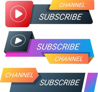 Sosyal medya kanallarına abonelikleri teşvik etmek için tasarlanmış üç görsel dinamik ve modern düğme tarzı grafiklerden oluşan bir koleksiyon.