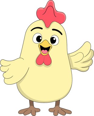 El çizimi çizgi film maskotu bir horoz dostça bir hareketle elini sallıyor.